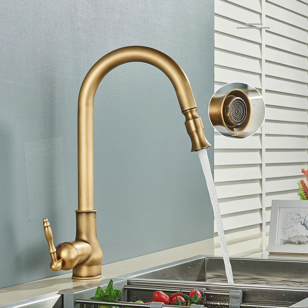Pull Out Mixer Tap with Swivel Spout and Spray Hose | Antique Brass or Matte Black | Kitchen Sink Accessories, Retro Shape