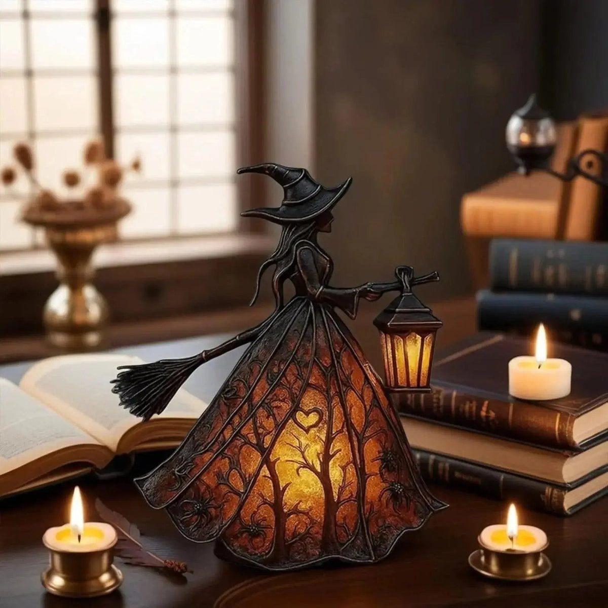 Witch-themed Halloween lantern figurine with soft LED light