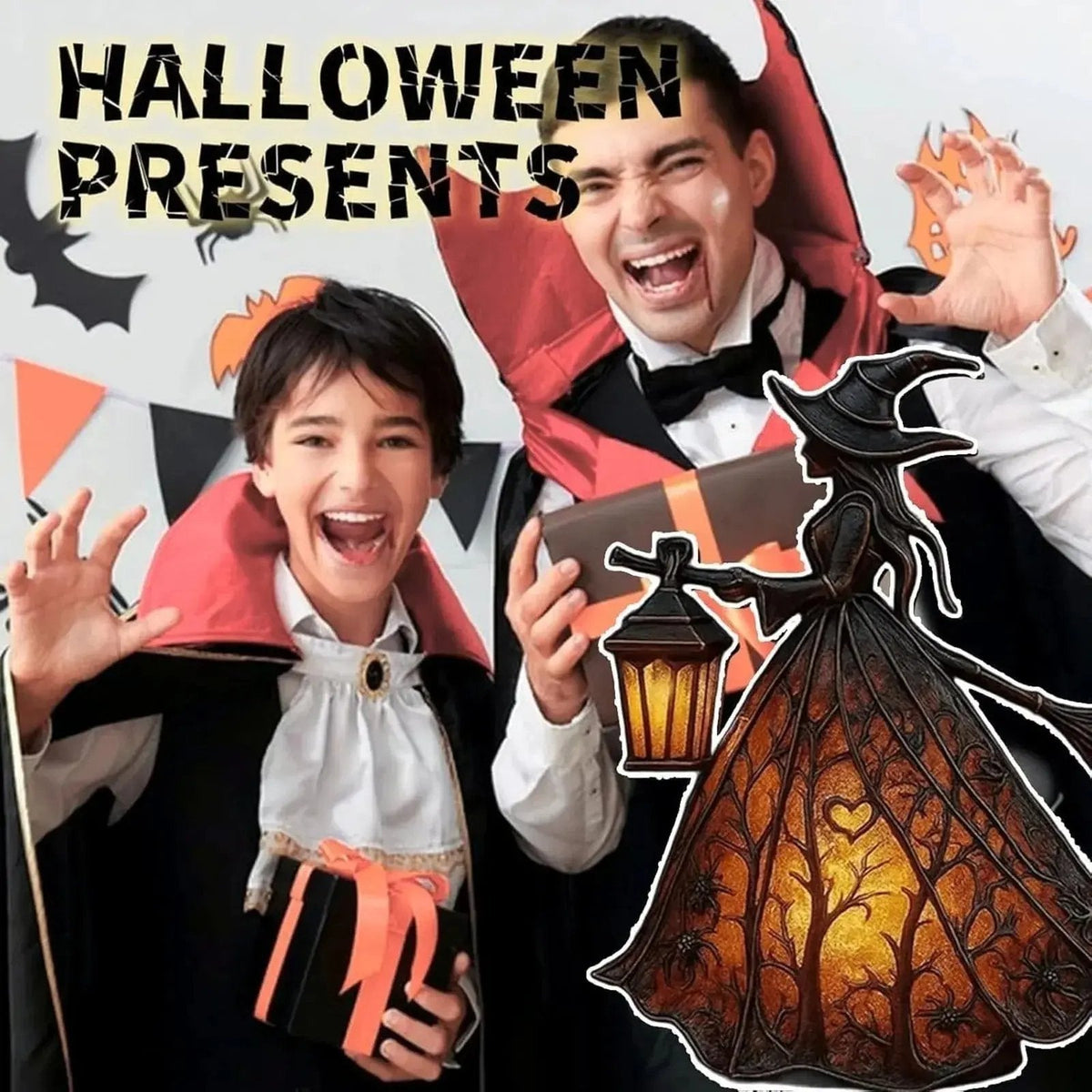 Halloween witch lantern figurine with warm LED lighting