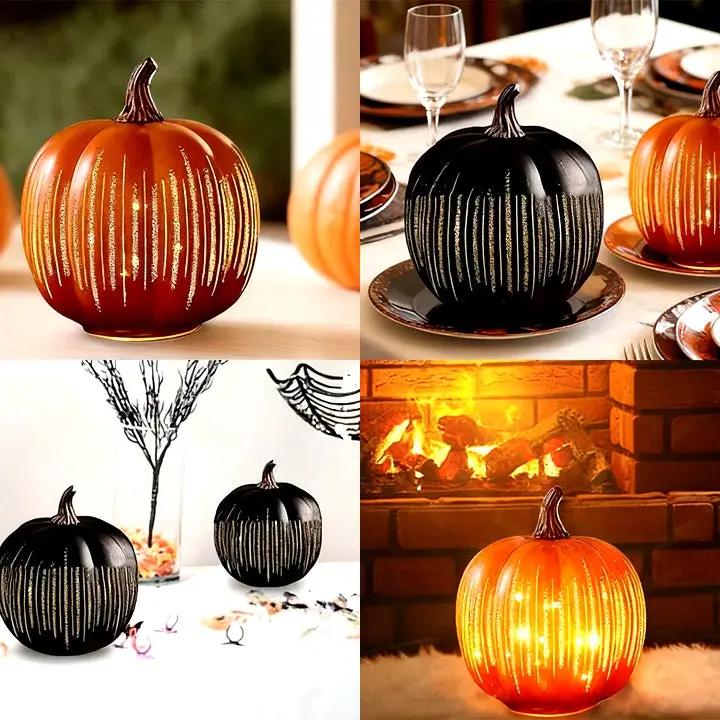 Resin pumpkin lantern shown as a shelf decoration