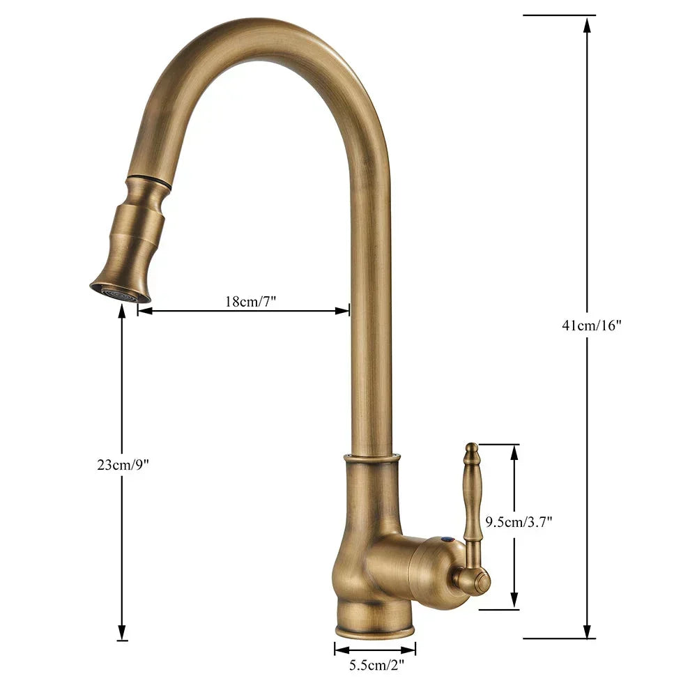 Pull Out Mixer Tap with Swivel Spout and Spray Hose | Antique Brass or Matte Black | Kitchen Sink Accessories, Retro Shape