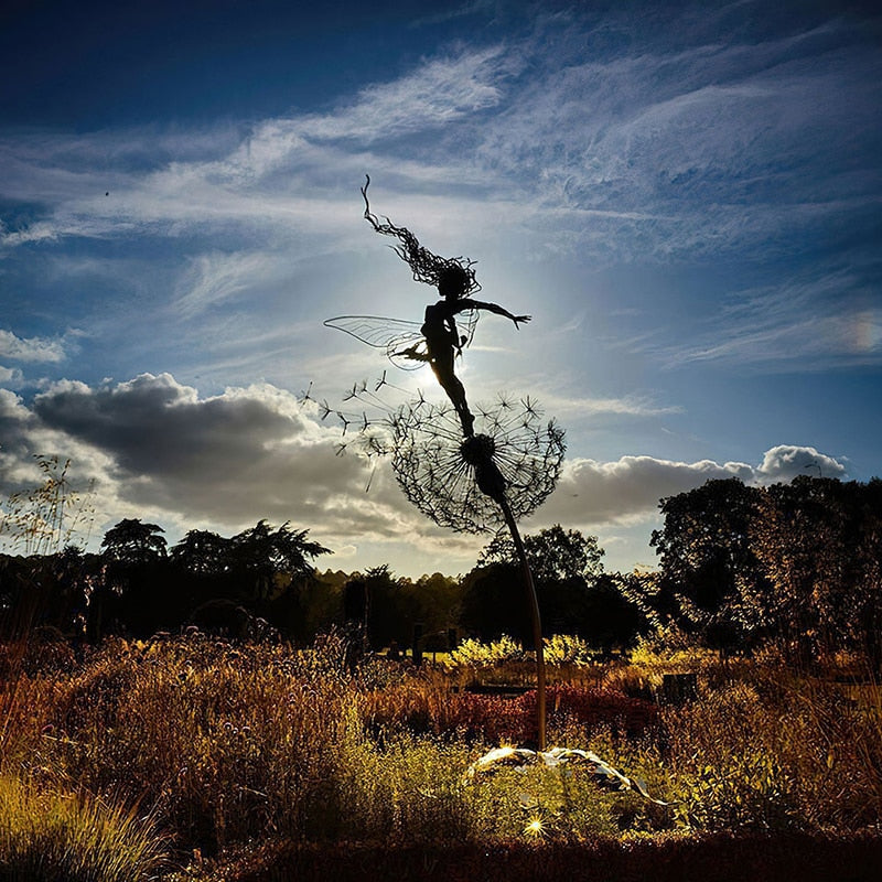 Fairy and Dandelion Garden Statue in Laser Cut Metal | Outdoor Lawn Stake Built to Stay Out All Year | Seven Designs