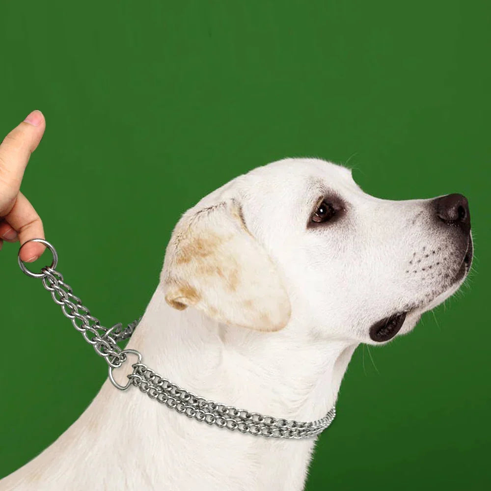 Double Chain Dog Collar with Limited Slip Action | 3 mm Stainless Steel Links, Neck 30 to 70 cm | Five Sizes from XS to XL