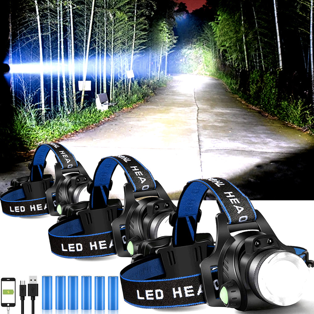 Rechargeable LED Headlamp, Hands Free Flash Light for Camping and Night Work | Adjustable Headband | Single or Multi Packs