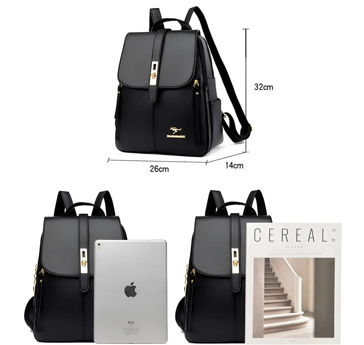 Travel Backpack for Women in Faux Leather | Compartments for Tablet, Phone, Wallet and Cosmetics | 32 by 26 by 14 cm
