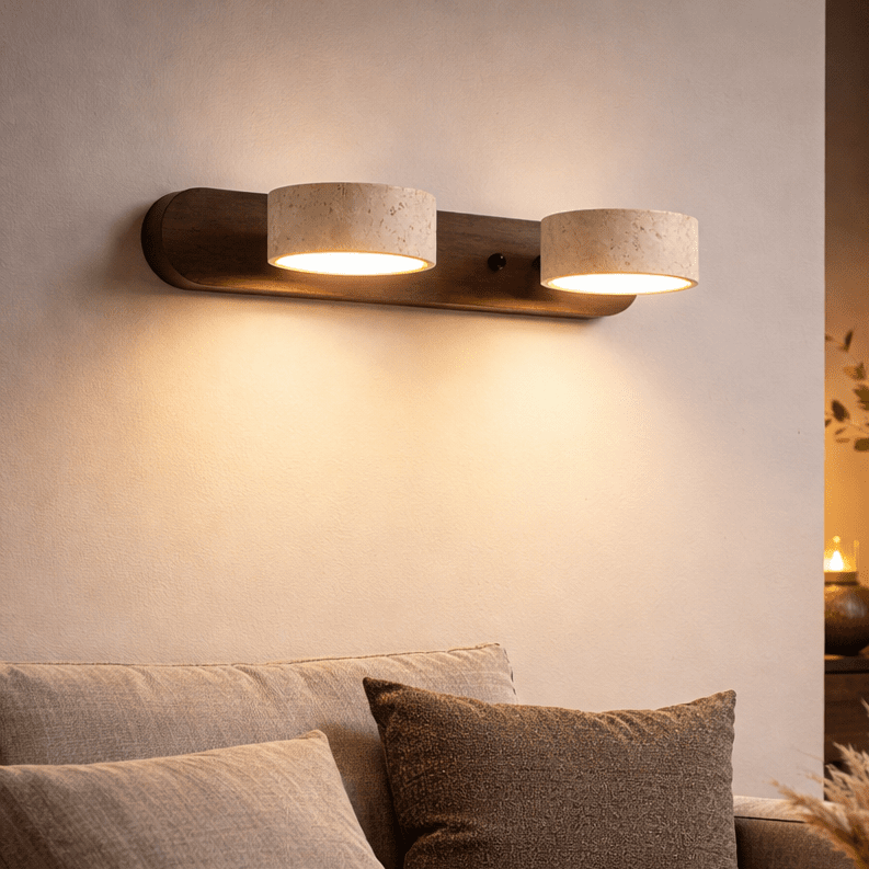 Travertine & Wood LED Wall Light | Walnut or Wood Finish, 3 Sizes | Modern Ambient Sconce for Bedrooms & Hallways