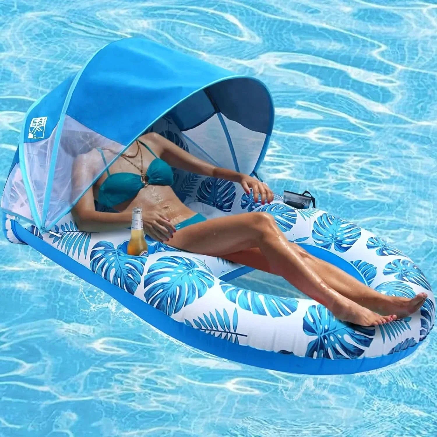 Inflatable Pool Float Lounger 27 x 55 x 43 In | 2 Colors | Built-In Shade Canopy for Pool, Beach, Lake & Vacation Days