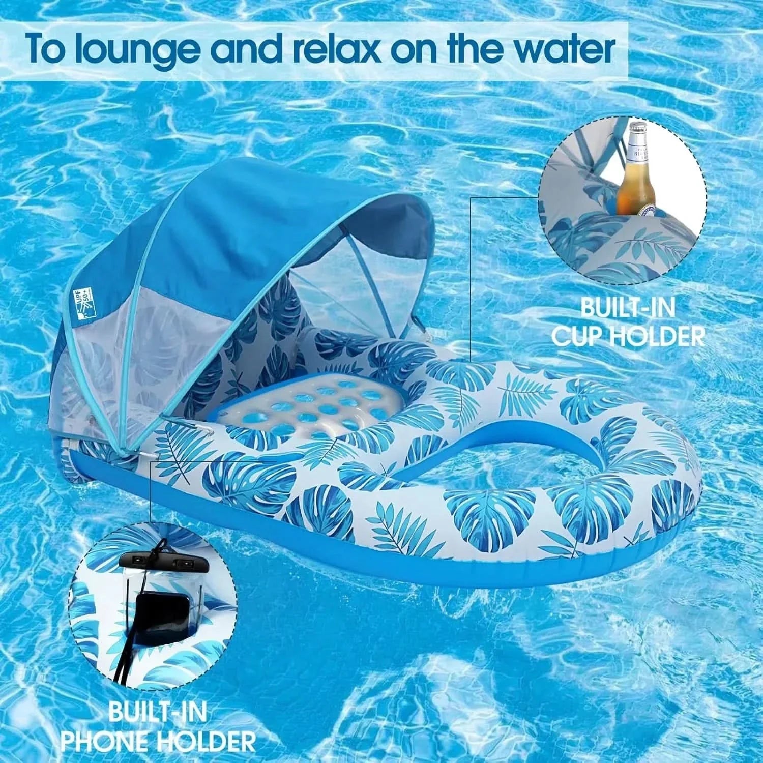 Inflatable Pool Float Lounger 27 x 55 x 43 In | 2 Colors | Built-In Shade Canopy for Pool, Beach, Lake & Vacation Days