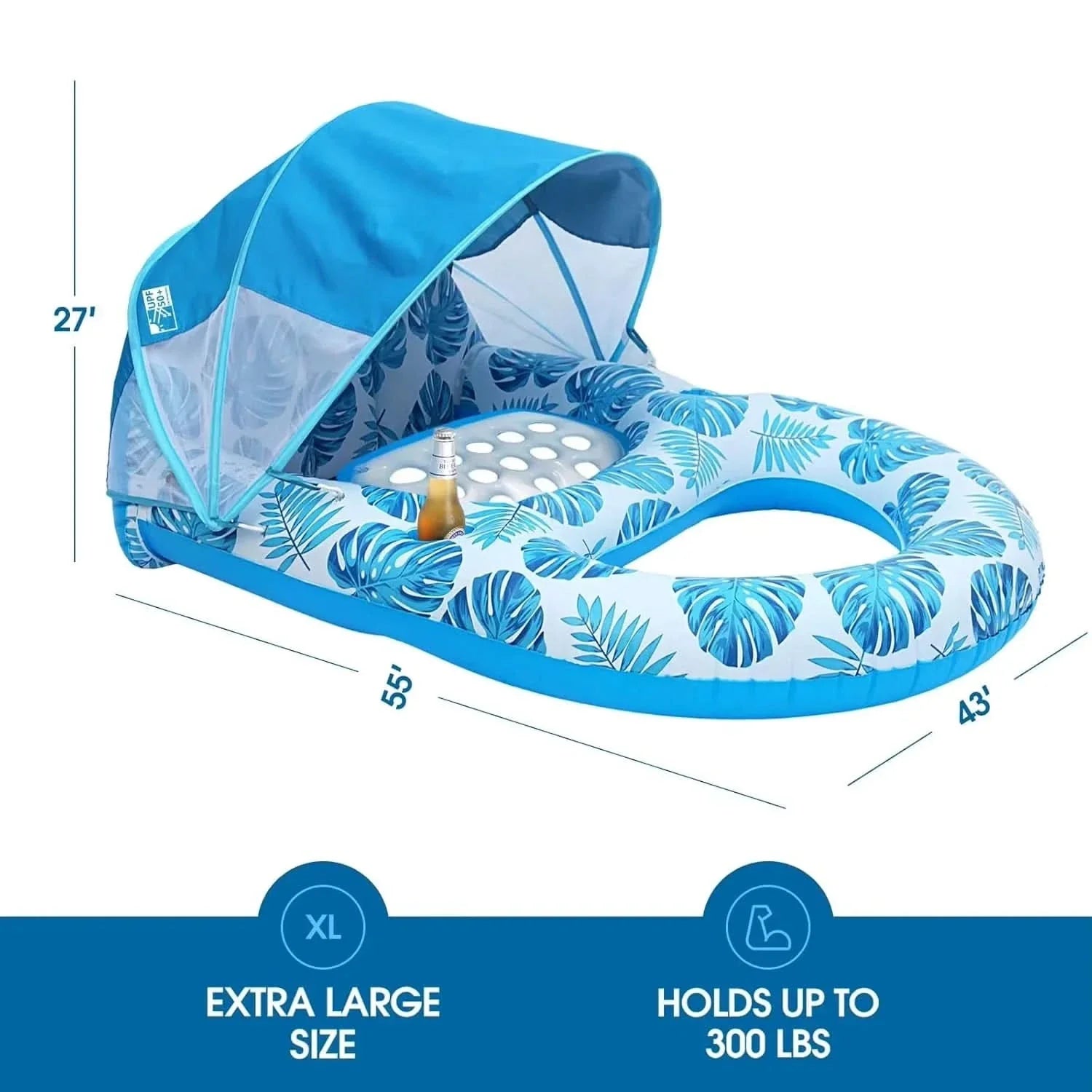 Inflatable Pool Float Lounger 27 x 55 x 43 In | 2 Colors | Built-In Shade Canopy for Pool, Beach, Lake & Vacation Days