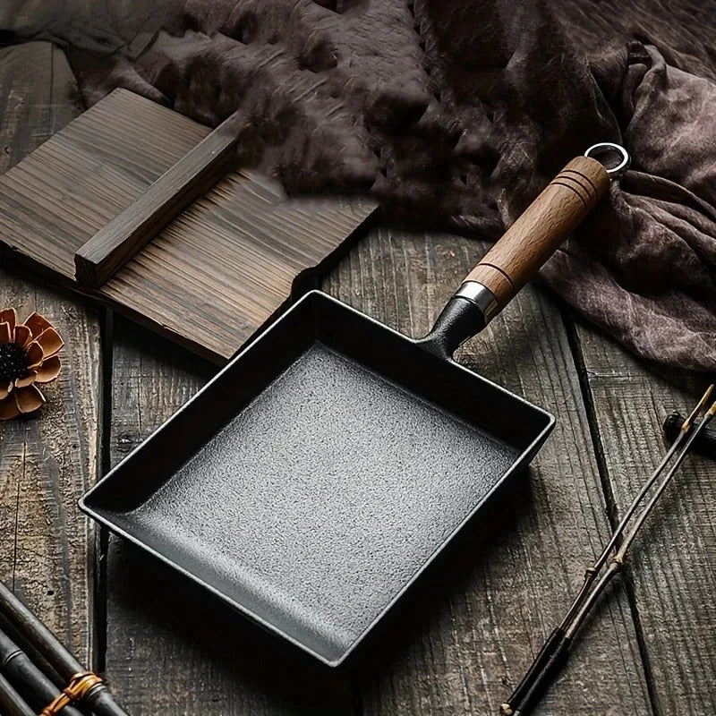 Japanese Cast Iron Frying Pan for Tamagoyaki | Square Base with a Wooden Handle | Natural Surface, No Chemical Coating