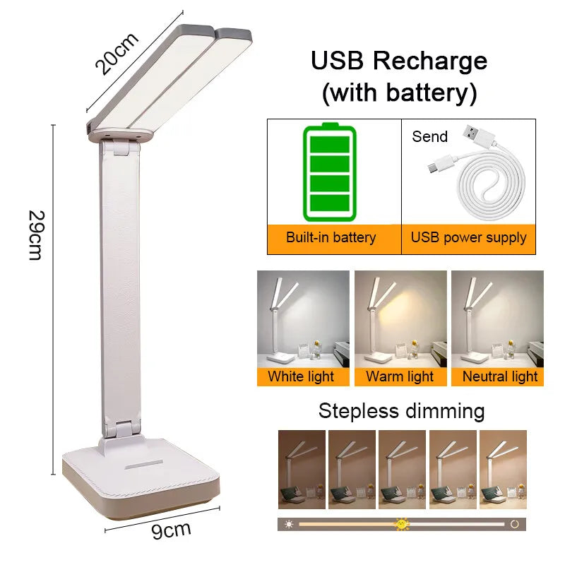 Folding LED Desk Lamp with a Double Sided Panel | Dimmable Light for Study or Bedside | USB Powered or 2000 mAh Battery