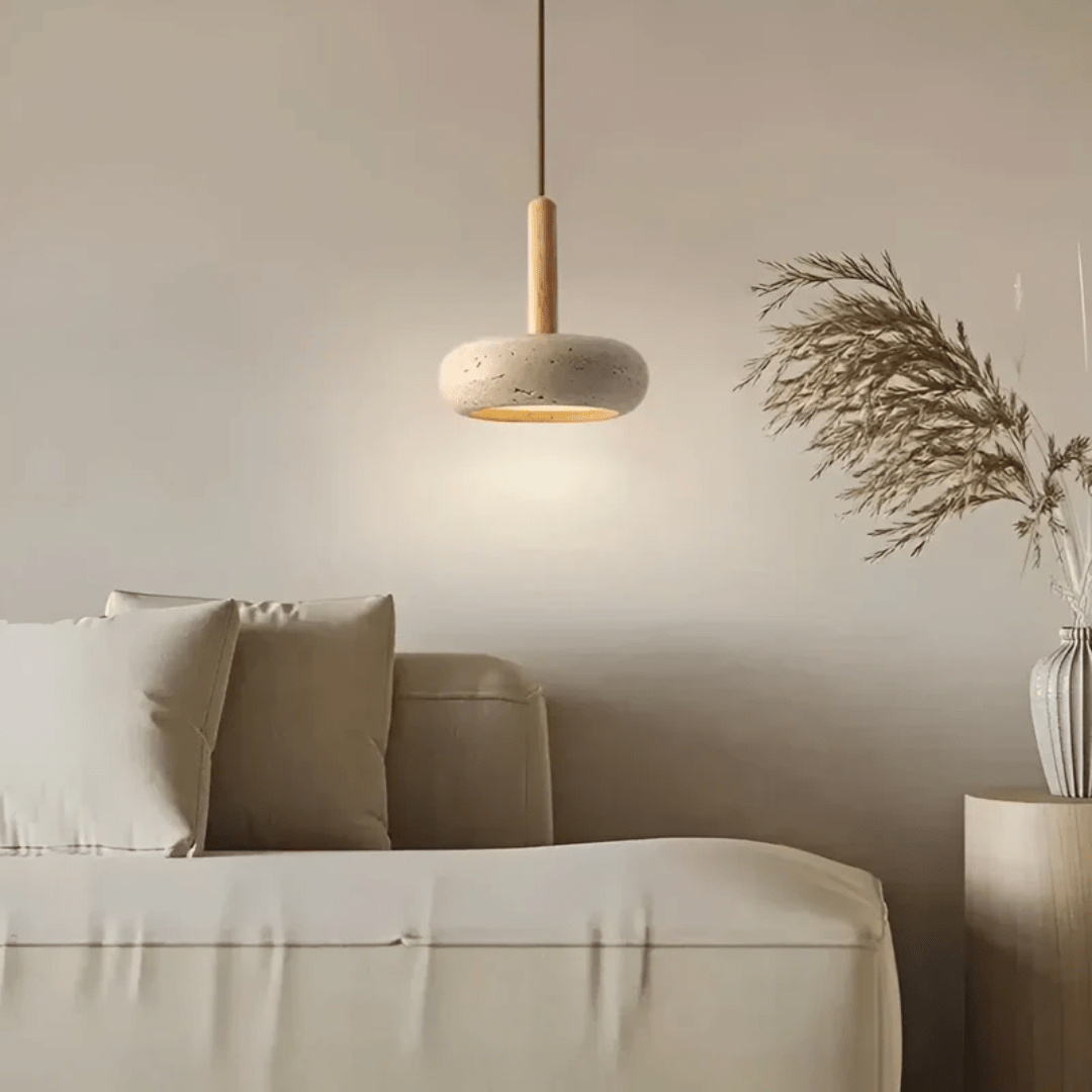 TRANQUILHALO - Retro LED ceiling light made of wood and stone for a calm atmosphere product image