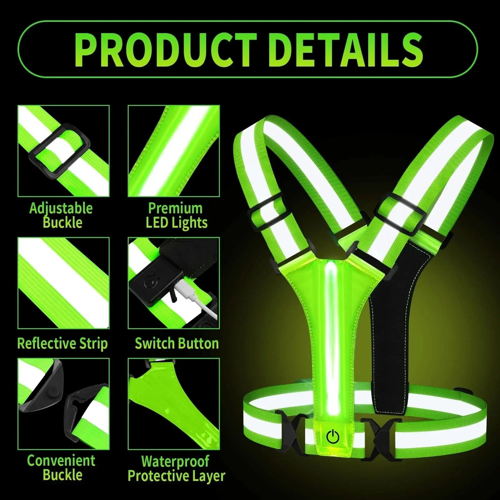 Rechargeable LED Running Vest Reflective Visibility