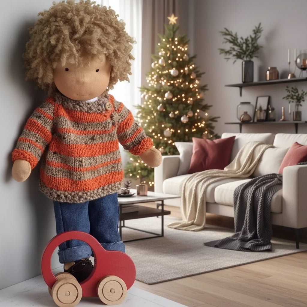 MELLOMINA – Handmade Waldorf doll made of pure cotton with 11.8 in tall, soft body for children