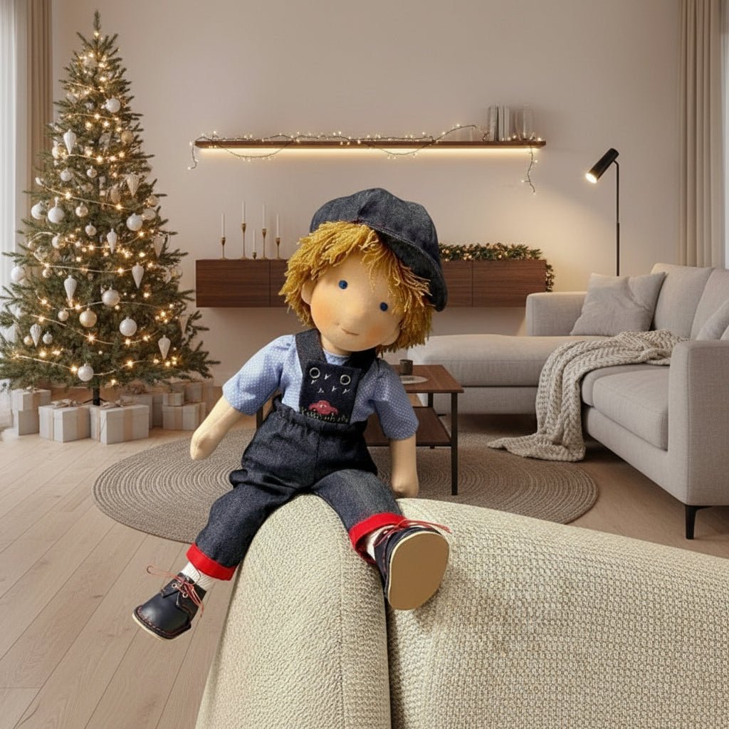 MELLOMINA – Handmade Waldorf doll made of pure cotton with 11.8 in tall, soft body for children