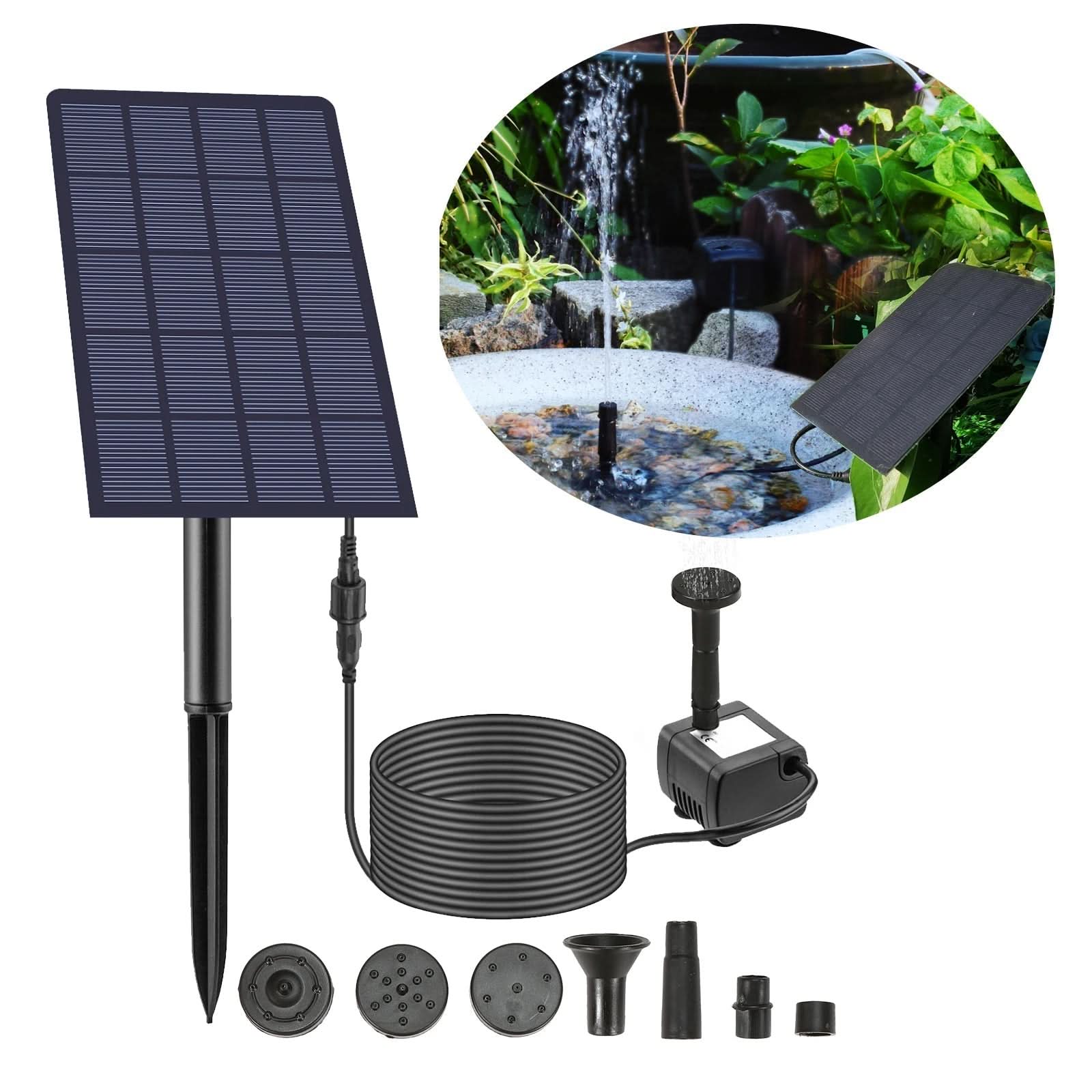 6-in-1 Solar Water Fountain With 4 Spray Nozzles | Floating Design | Auto-Start Solar Power for Ponds & Bird Baths