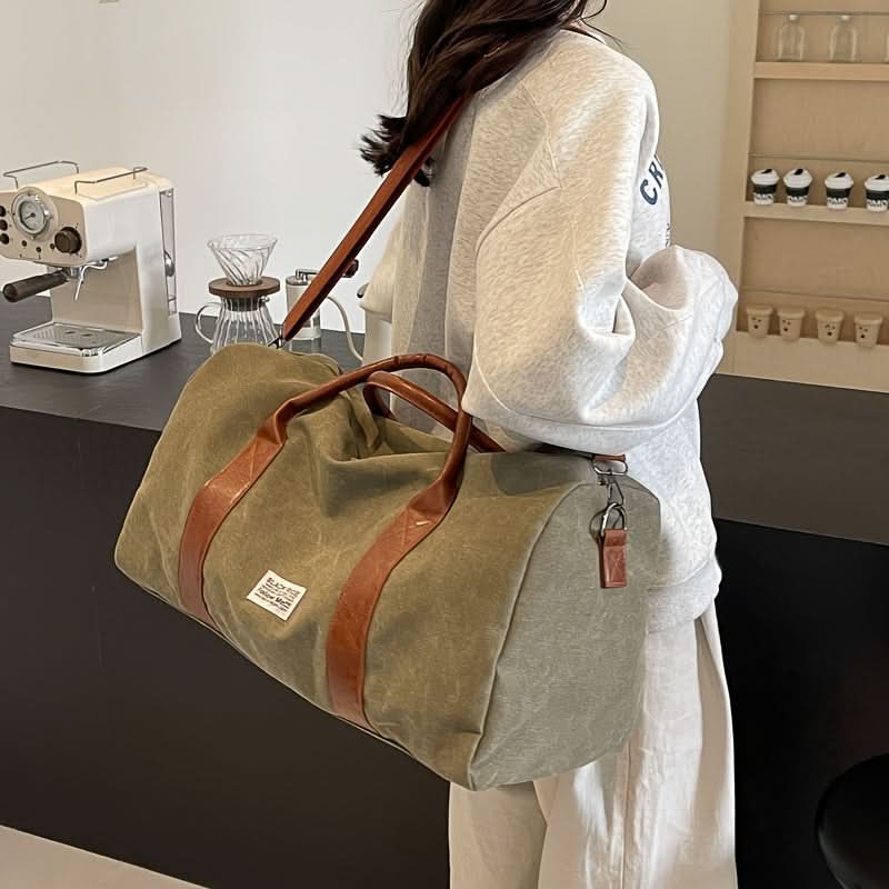 Washed Canvas Duffel Bag with Leather Accents | Black, Green, or Khaki | Spacious Multi-Pocket Carry for Travel and Gym