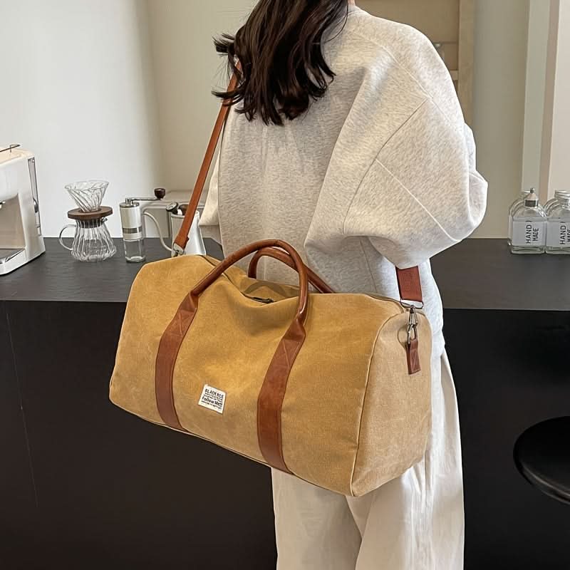 Washed Canvas Duffel Bag with Leather Accents | Black, Green, or Khaki | Spacious Multi-Pocket Carry for Travel and Gym