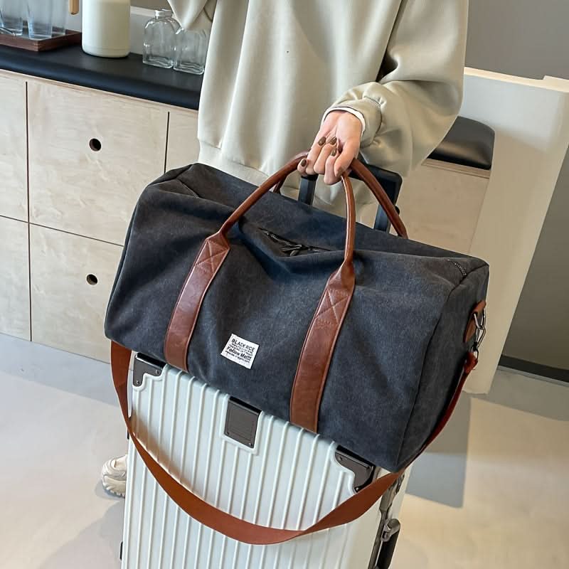 Washed Canvas Duffel Bag with Leather Accents | Black, Green, or Khaki | Spacious Multi-Pocket Carry for Travel and Gym