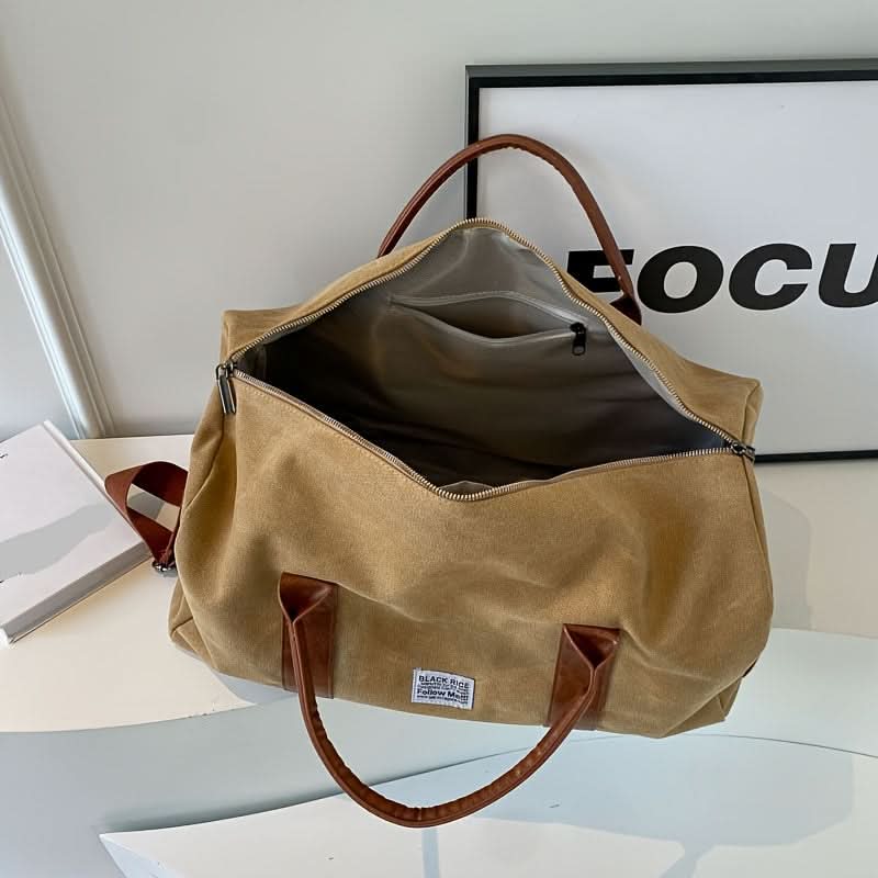 Washed Canvas Duffel Bag with Leather Accents | Black, Green, or Khaki | Spacious Multi-Pocket Carry for Travel and Gym