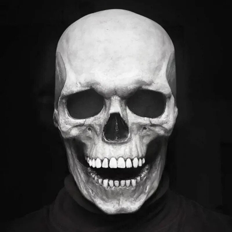 White skull face mask with articulated jaw for Halloween