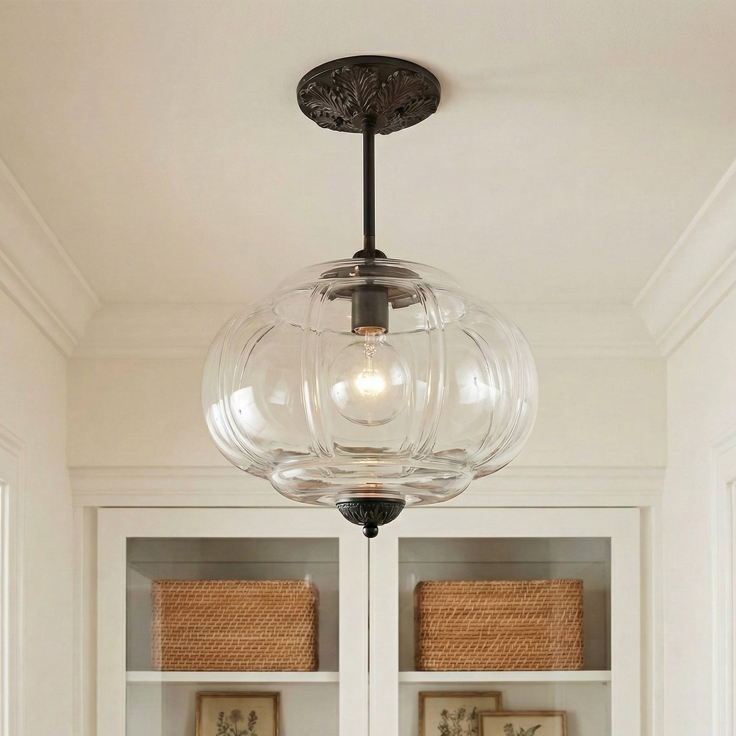 Pumpkin Glass Pendant Light Adjustable Brass