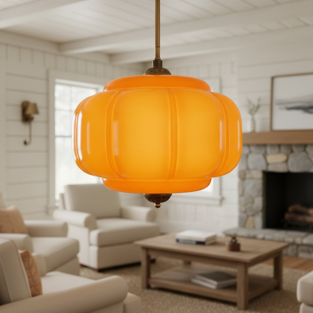 Pumpkin Glass Pendant Light Adjustable Brass