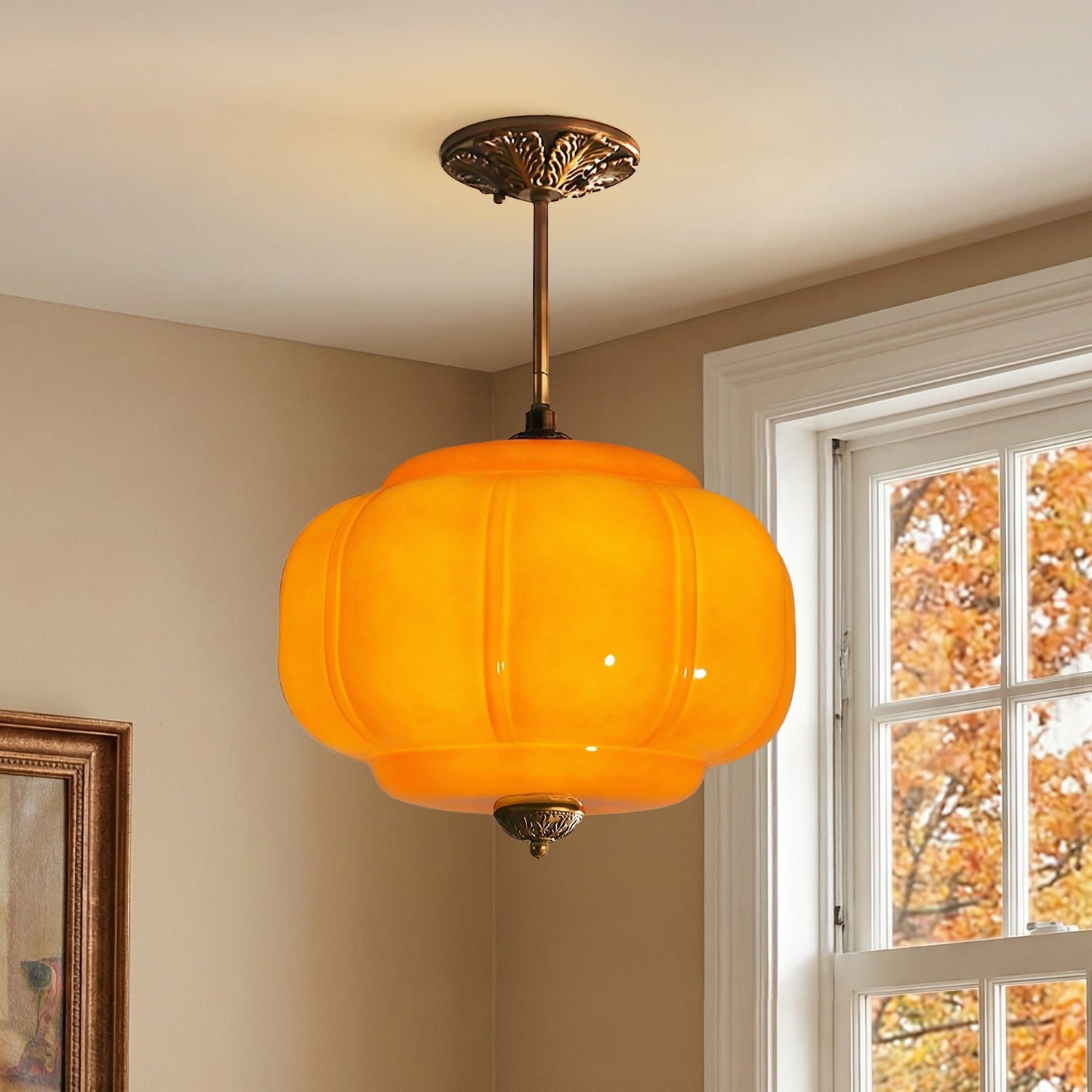 Pumpkin Glass Pendant Light Adjustable Brass