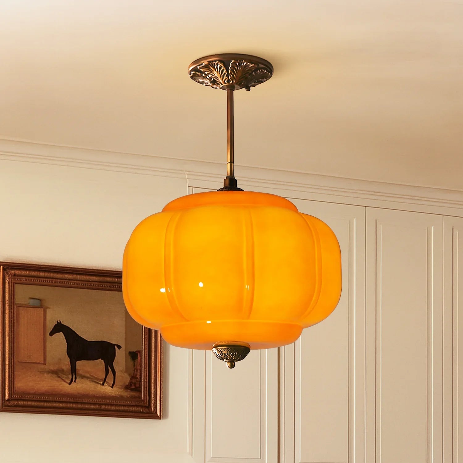 Pumpkin Glass Pendant Light Adjustable Brass