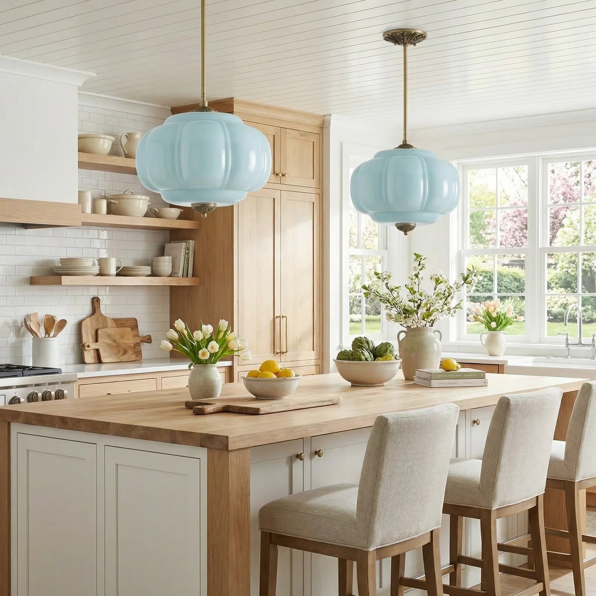 Pumpkin Glass Pendant Light Adjustable Brass