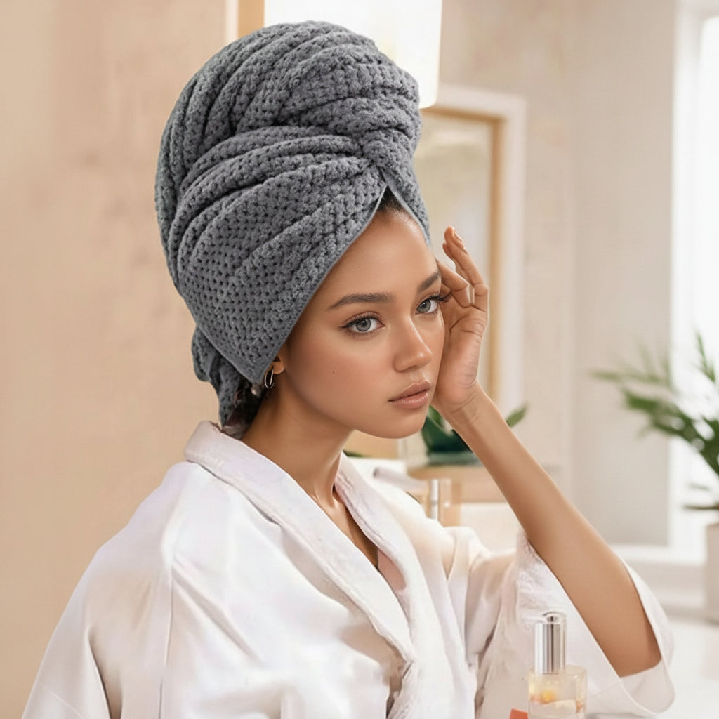 Coral Velvet Hair Towel Wrap 23.6 x 39.4 In | Quick-Dry Microfiber | Khaki, Blue, Pink & Gray | Frizz-Reducing Button Closure