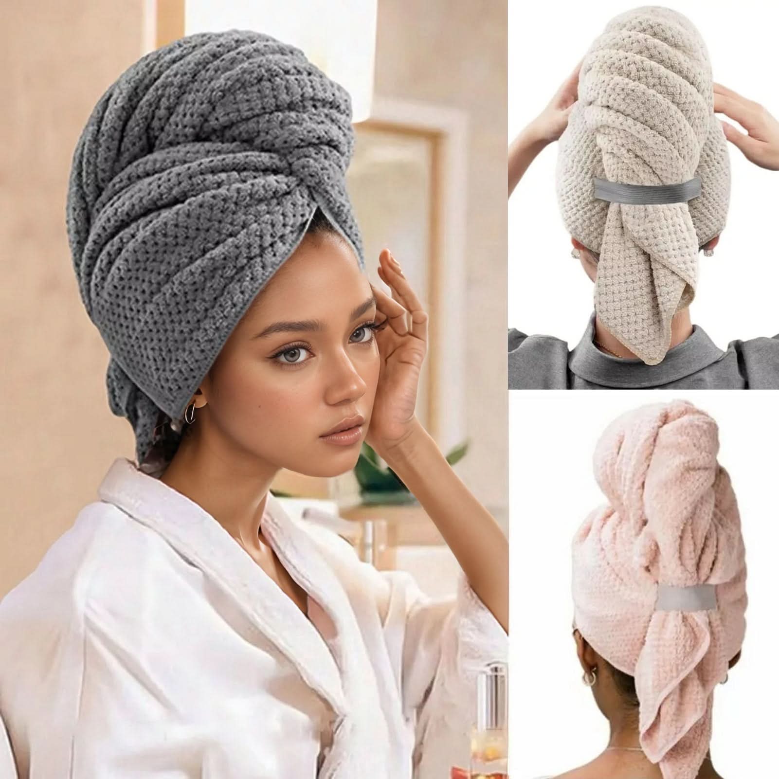 Coral Velvet Hair Towel Wrap 23.6 x 39.4 In | Quick-Dry Microfiber | Khaki, Blue, Pink & Gray | Frizz-Reducing Button Closure