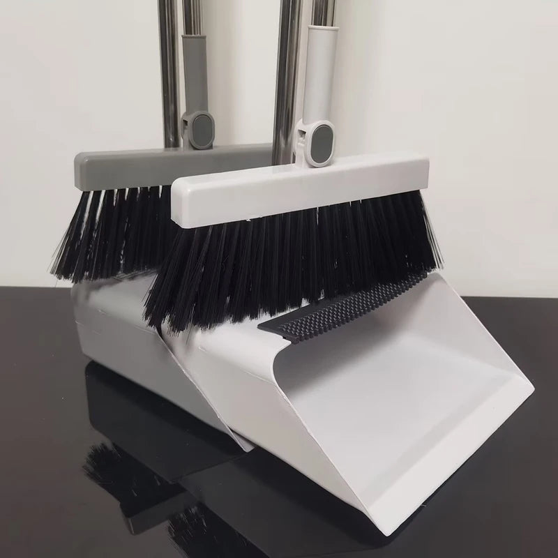 Long Handle Broom, Dustpan and Brush Set | Dense PVC Bristles, Grey or White | Upright Storage for Easy Cleaning