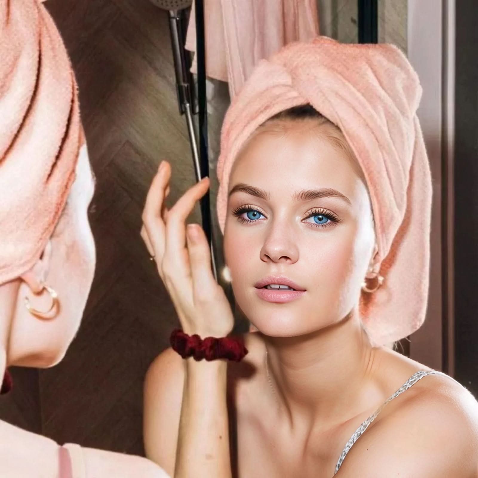 Coral Velvet Hair Towel Wrap 23.6 x 39.4 In | Quick-Dry Microfiber | Khaki, Blue, Pink & Gray | Frizz-Reducing Button Closure