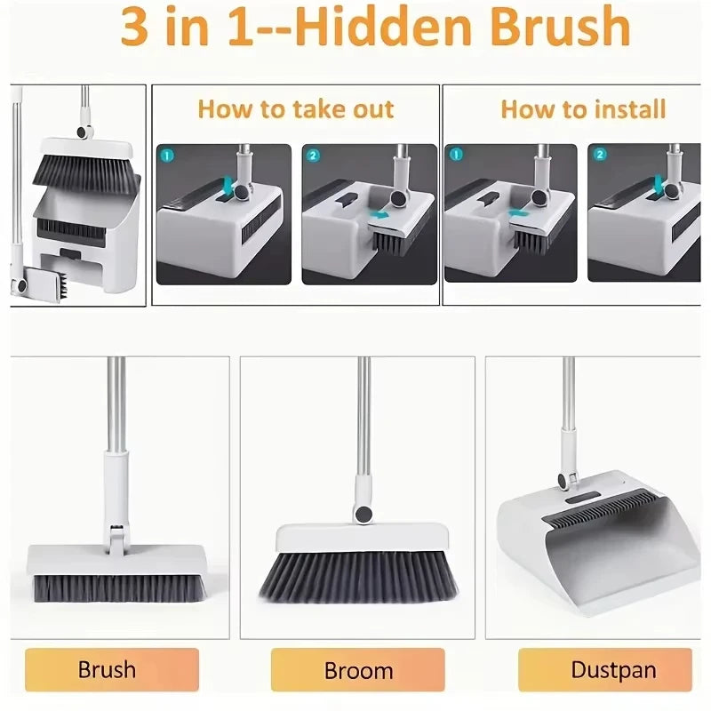 Long Handle Broom, Dustpan and Brush Set | Dense PVC Bristles, Grey or White | Upright Storage for Easy Cleaning