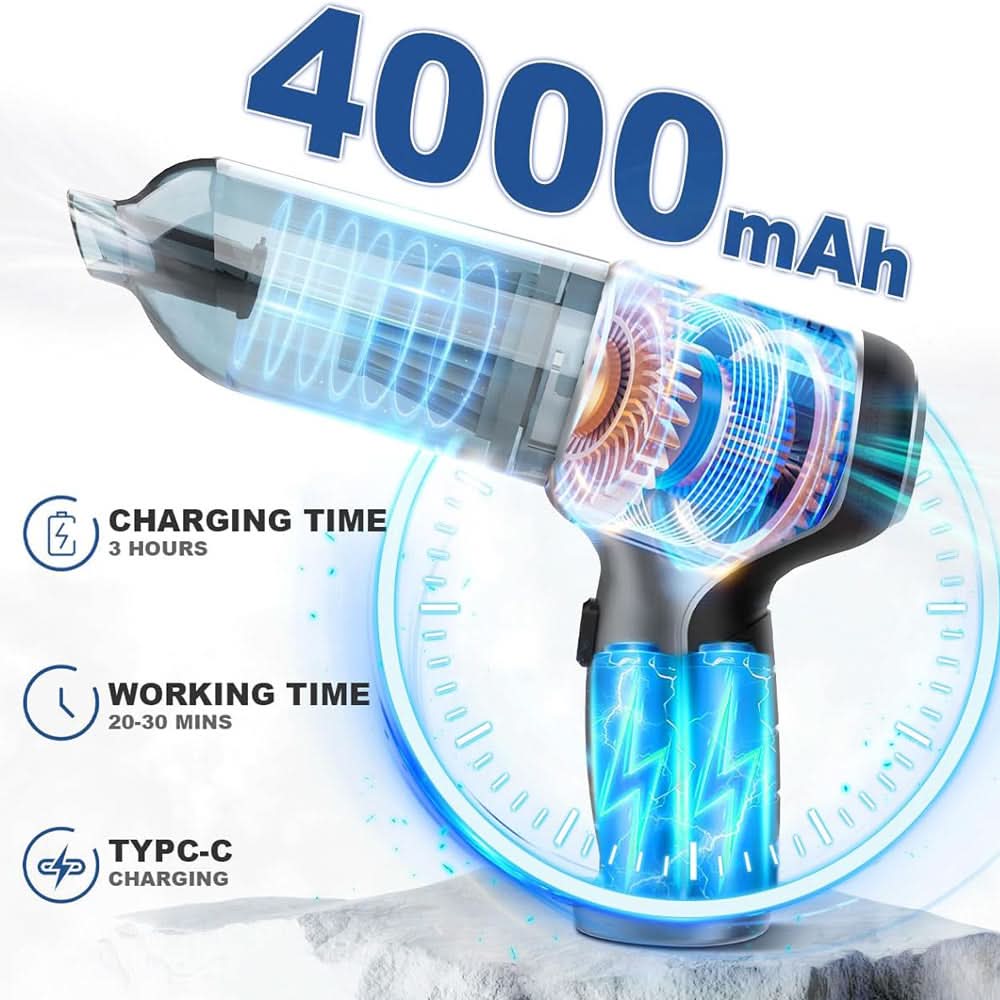 Cordless Handheld Vacuum with 12000Pa Suction | Brushless Motor & 4000mAh Battery | Lightweight Cleaning for Home & Car