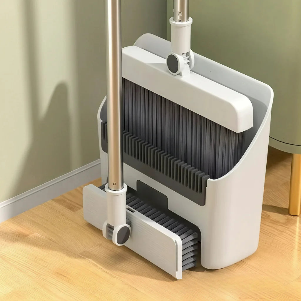 Long Handle Broom, Dustpan and Brush Set | Dense PVC Bristles, Grey or White | Upright Storage for Easy Cleaning