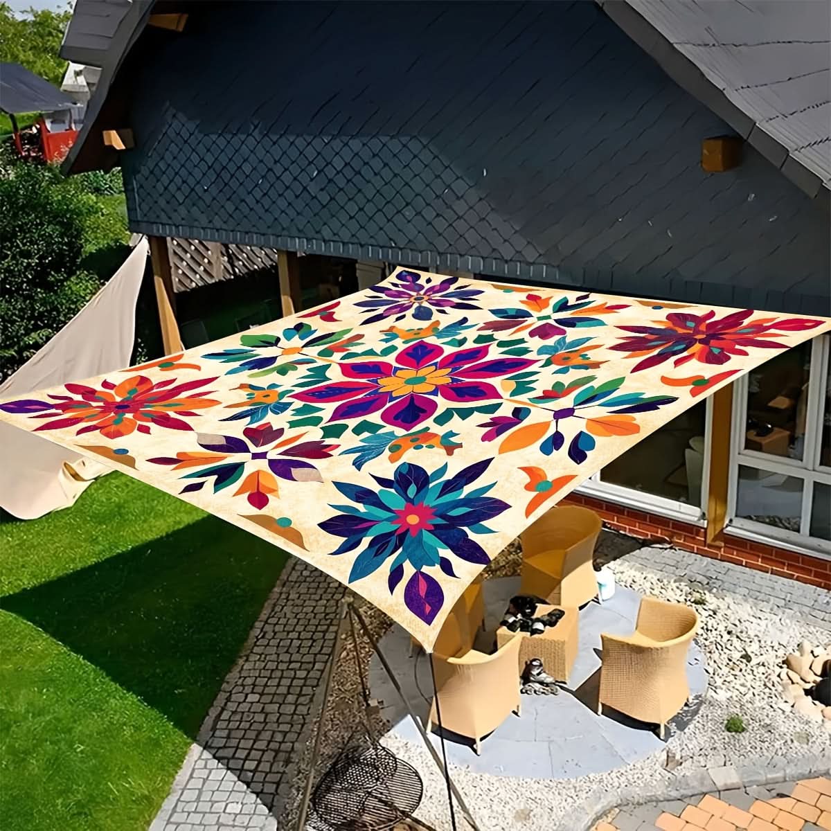Bohemian Mandala Outdoor Sun Shade Canopy | 4 Sizes, Up to 6-Person Coverage | Polyester Fabric with Hanging Rings