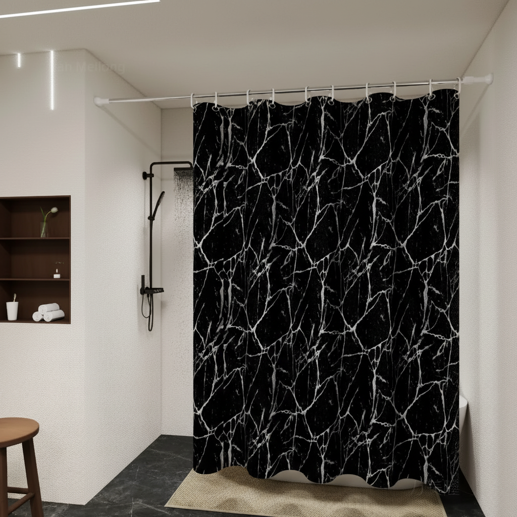 Waterproof Shower Curtain in Black Marble Print PEVA | Wipe-Clean Surface with Hooks Included | 4 Sizes