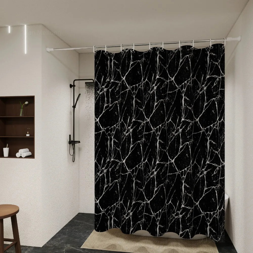 Waterproof Shower Curtain in Black Marble Print PEVA | Wipe-Clean Surface with Hooks Included | 4 Sizes