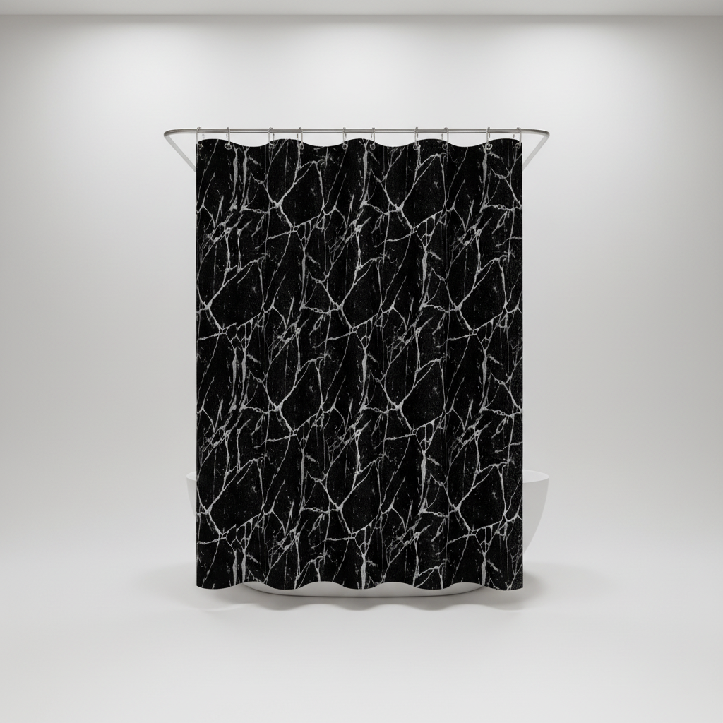 Waterproof Shower Curtain in Black Marble Print PEVA | Wipe-Clean Surface with Hooks Included | 4 Sizes