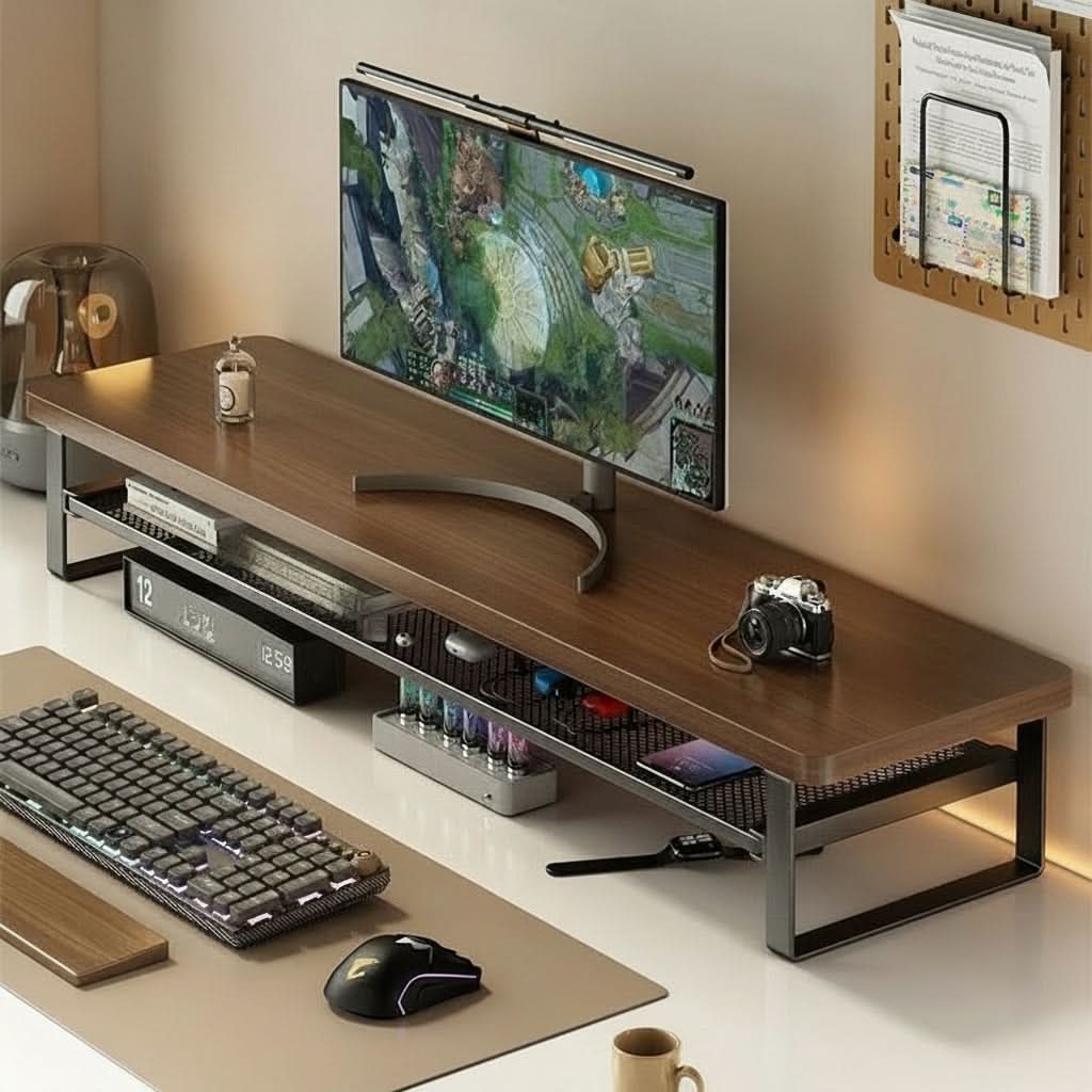 Dual-Layer Monitor Stand With Pull-Out Storage Drawer | 3 Widths 19.7-39.4 In | MDF & Metal, Holds Up to 33 Lbs