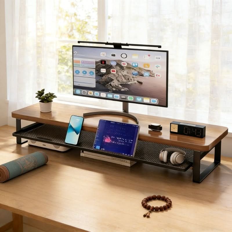 Dual-Layer Monitor Stand With Pull-Out Storage Drawer | 3 Widths 19.7-39.4 In | MDF & Metal, Holds Up to 33 Lbs