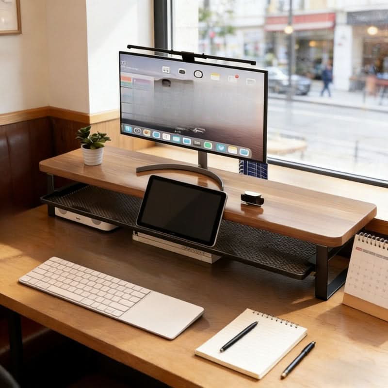 Dual-Layer Monitor Stand With Pull-Out Storage Drawer | 3 Widths 19.7-39.4 In | MDF & Metal, Holds Up to 33 Lbs
