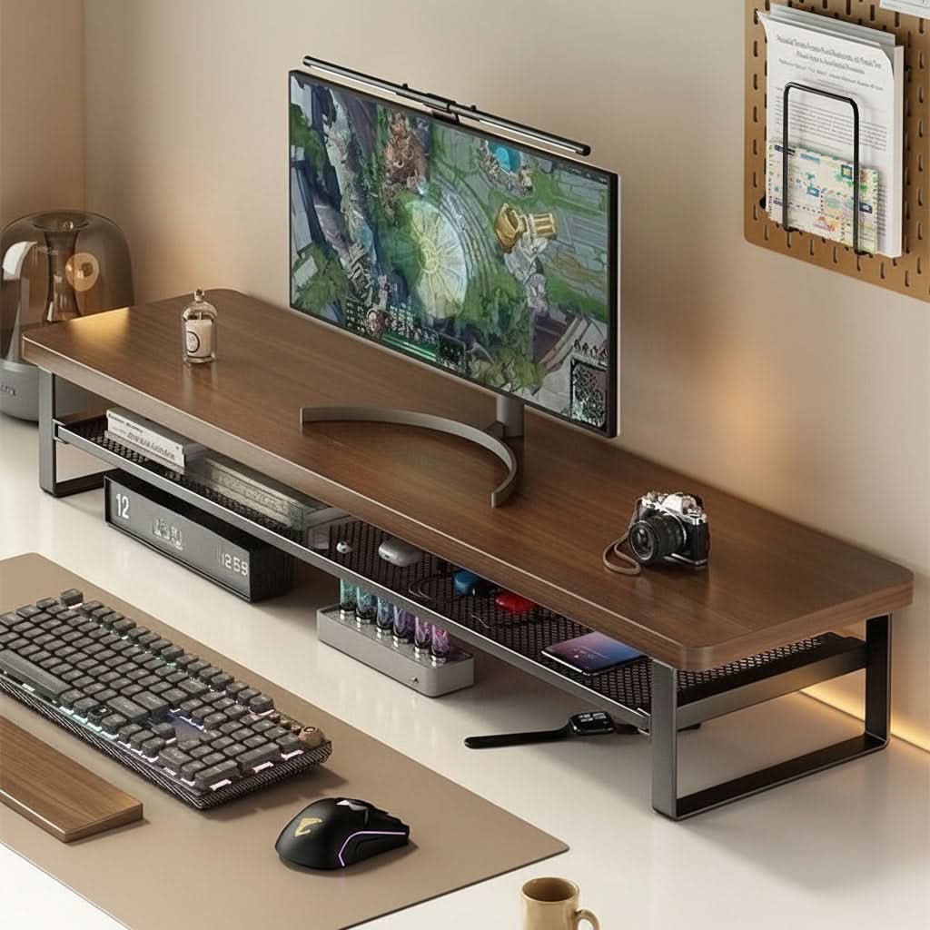 Dual-Layer Monitor Stand With Pull-Out Storage Drawer | 3 Widths 19.7-39.4 In | MDF & Metal, Holds Up to 33 Lbs
