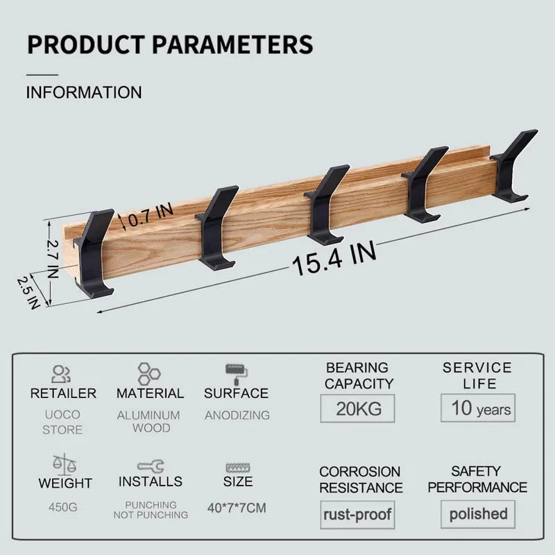 Nordic Coat Racks for Wall with 5 Movable Double Hooks | Rubberwood and Aluminum Hallway Rail | 40 cm Wide in Black