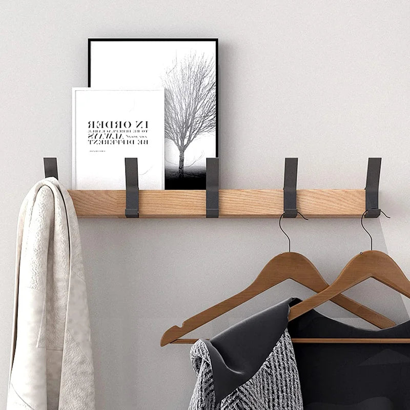 Nordic Coat Racks for Wall with 5 Movable Double Hooks | Rubberwood and Aluminum Hallway Rail | 40 cm Wide in Black