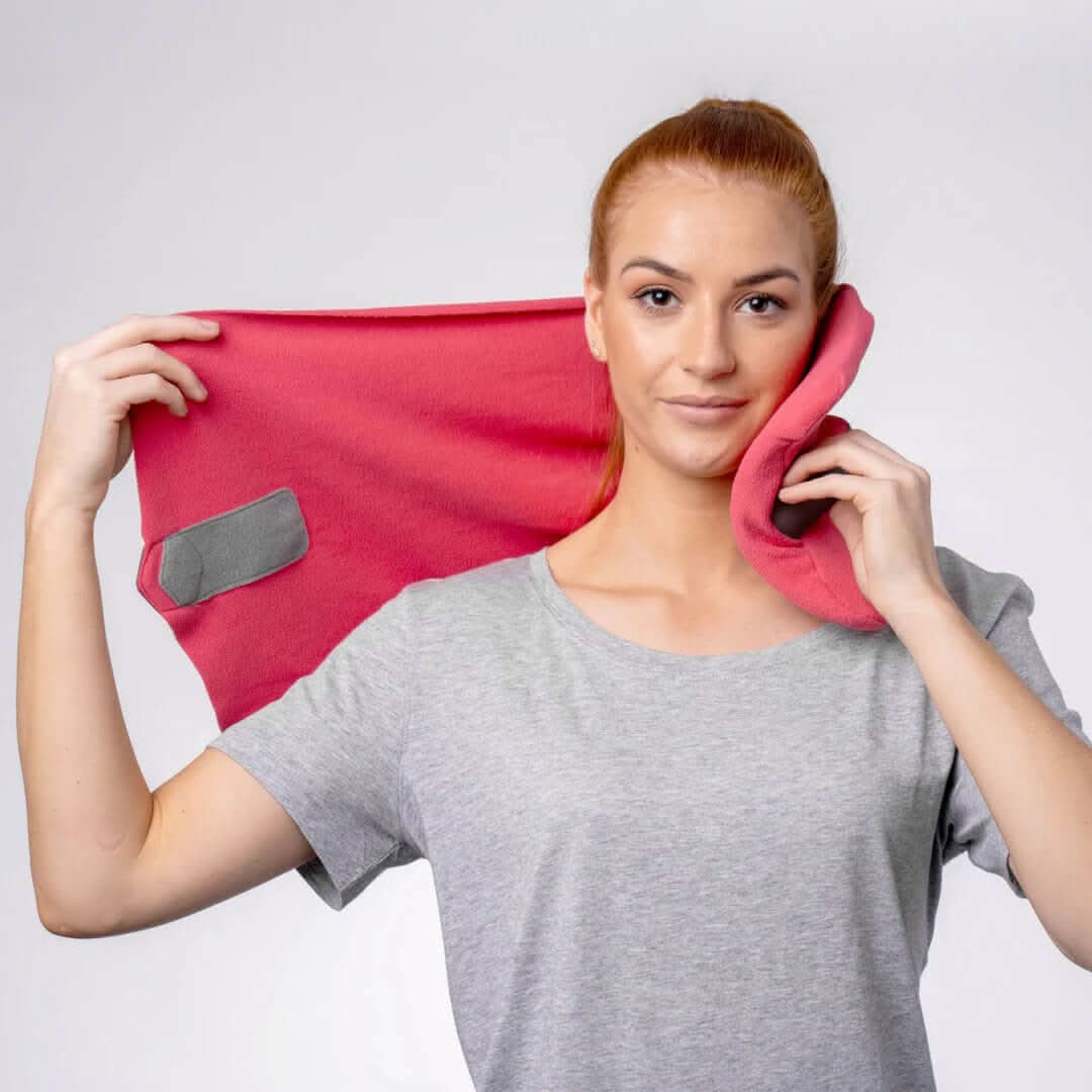 Memory Foam Travel Neck Pillow with Washable Cover | Gray, Black & Red | Ergonomic Support for Flights & Car Rides