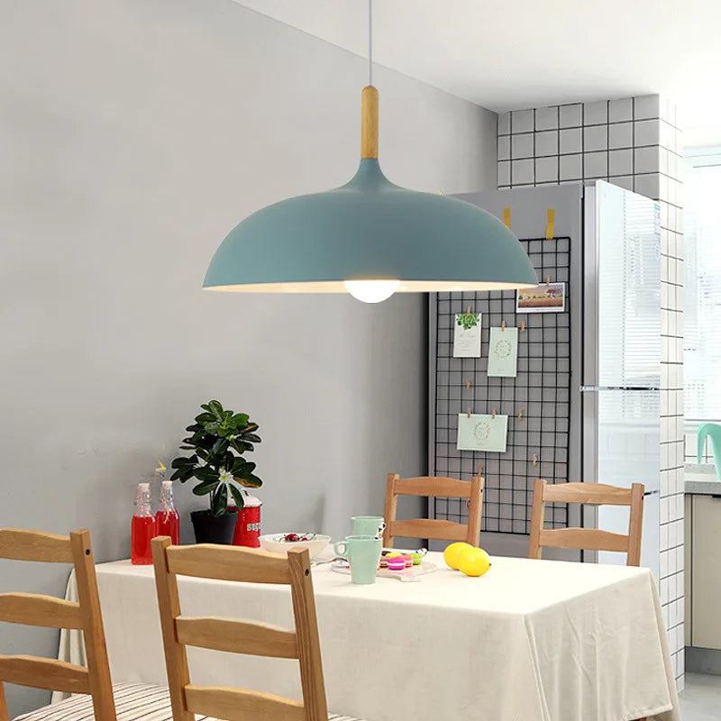 Nordic Oak Wood Light Ceiling Fixture with 35 cm Dome Shade | Energy-Saving LED Pendant for Living Room or Bedroom