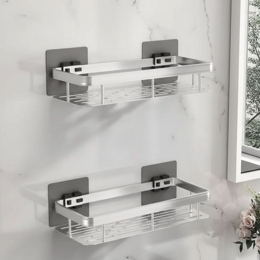 Adhesive No-Drill Bathroom Shelf | Black or Silver, 10 Style & Size Options | Wall-Mount Shower Storage Organizer
